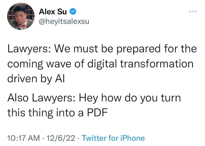 Screenshot of Alex Su tweet talking about lawyers and AI